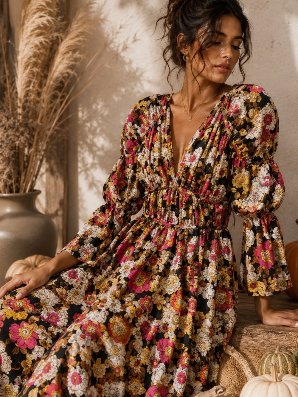 Forever 21 Floral Maxi Dress Puff Sleeve Cutout Boho Festival Medium M